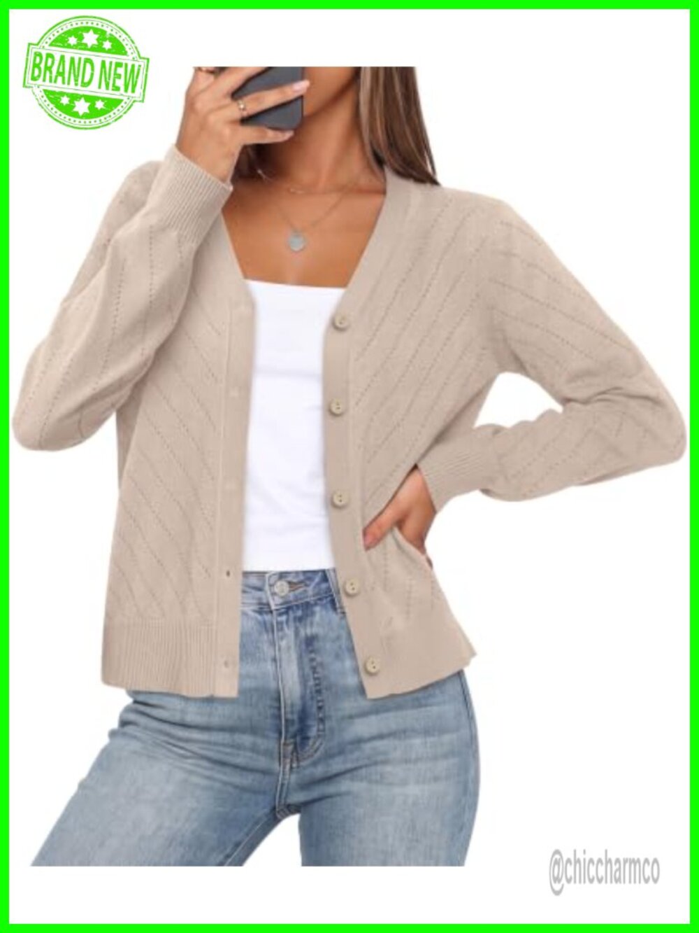 WIHOLL Womens Lightweight V-Neck Button Cardigan Long Sleeve Knit Shrug